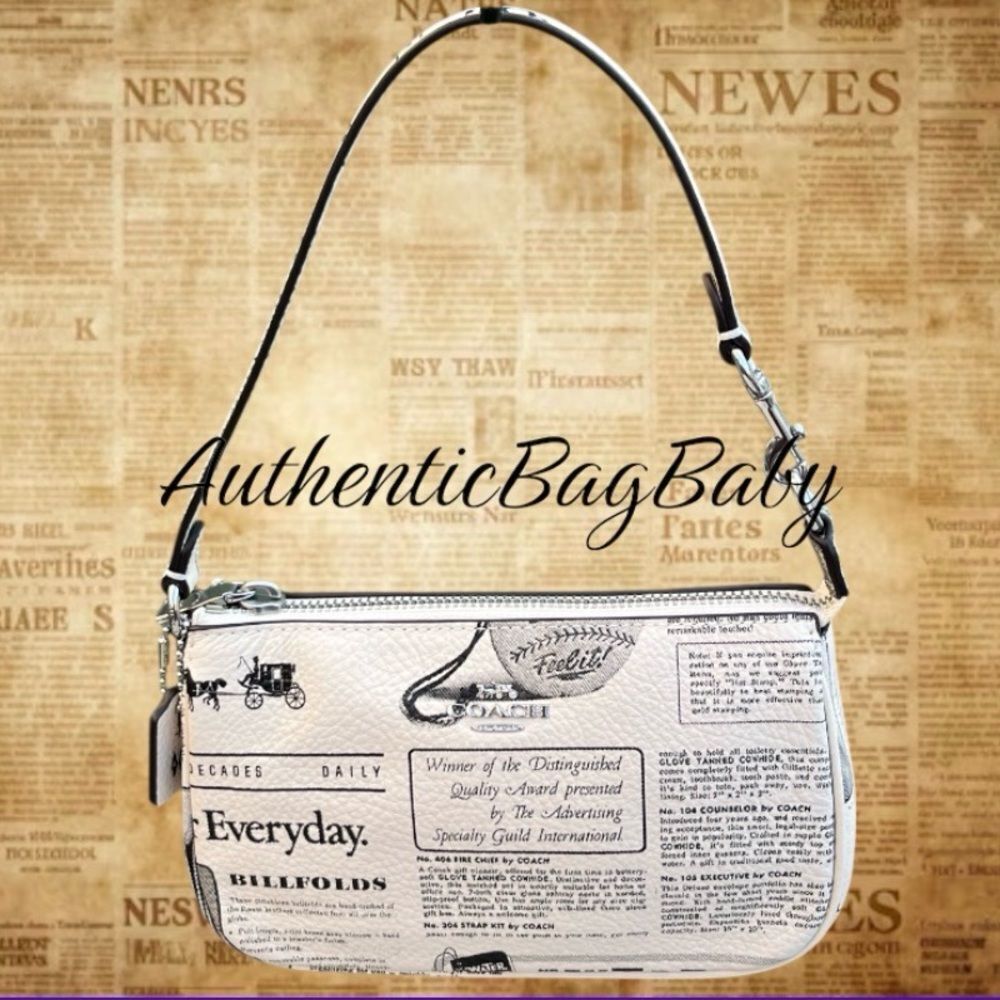 Coach Nolita 19 In Pebbled Leather & Newspaper Print Handbag Purse